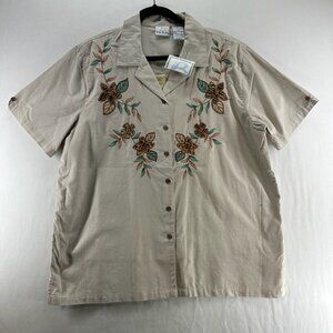 Bobby Brooks Layered Button Up Shirt Women XL Short Sleeve Flower Embroidery
